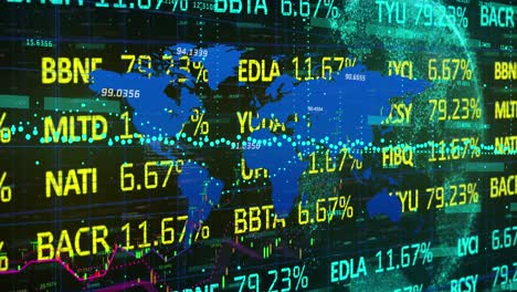 Animation-of-numbers-changing-and-data-processing-with-globe-and-world-map