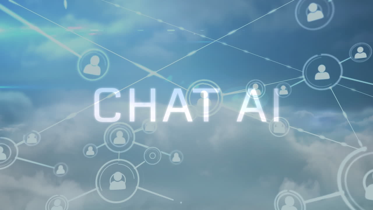 Animation of network of profile icons and chat ai text banner against clouds in the blue sky