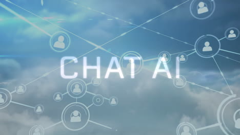 animation of network of profile icons and chat ai text banner against clouds in the blue sky