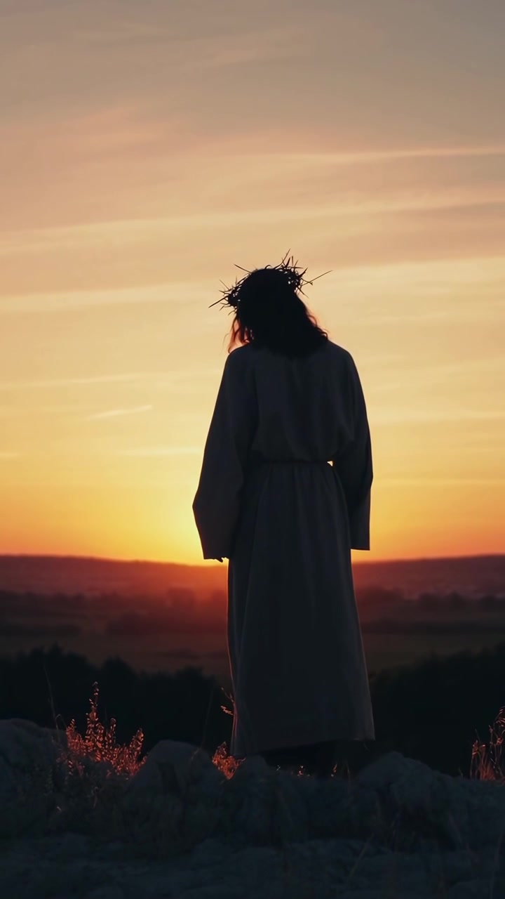Silhouette di Gesù Cristo con corona di spine al tramonto
