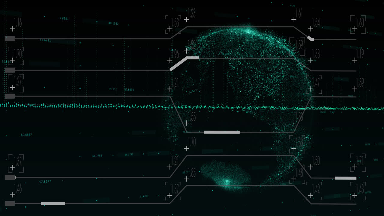 анимация линий с графиком и изменяющимися числами по глобусу на черном фоне