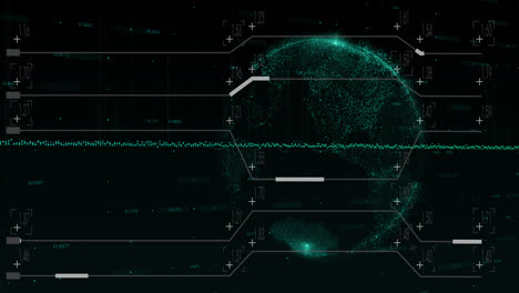 Animation-of-lines-with-graph-and-changing-numbers-over-globe-against-black-background