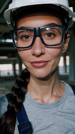 confident female construction worker wearing protective safety gear standing at industrial building site, radiating professional expertise and workplace readiness