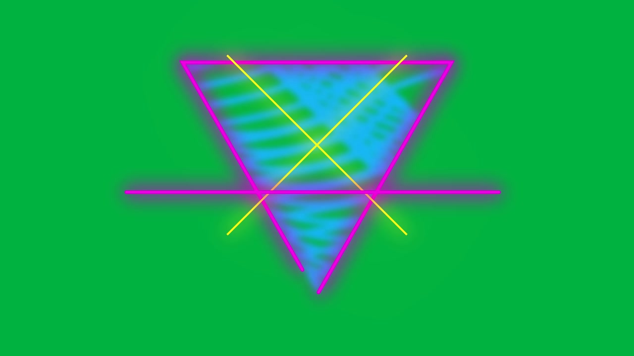 Animation of neon geometric figures and triangle over glowing blue light trails on white background