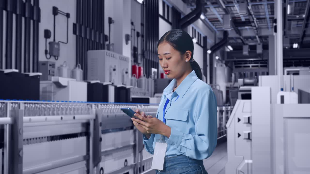 Side View Of Asian Female With Water Production in Bottling Factory, Observes By Looking Up Then She Come To Concentrating On The Phone And Keep On Checking
