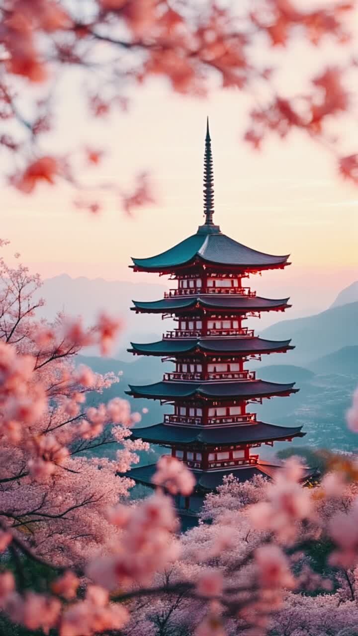 Pagoda giapponese tra i fiori di ciliegio al tramonto.