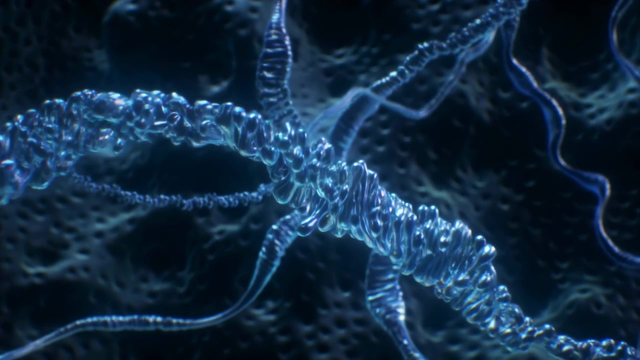 Multiple luminous blue coils weave past each other while highlights travel along their translucent ridges, creating layered depth, fluid movement, and strong contrast on dark background.
