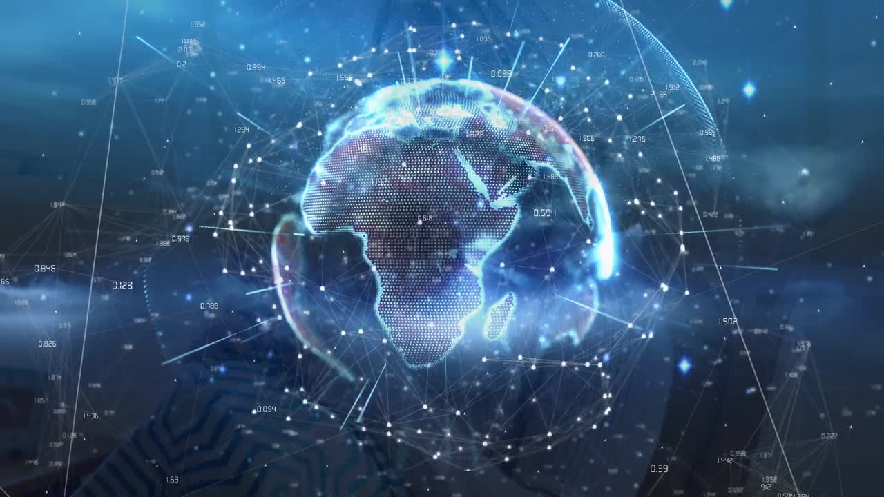 Animation of connections and globe over navy background with human silhouette