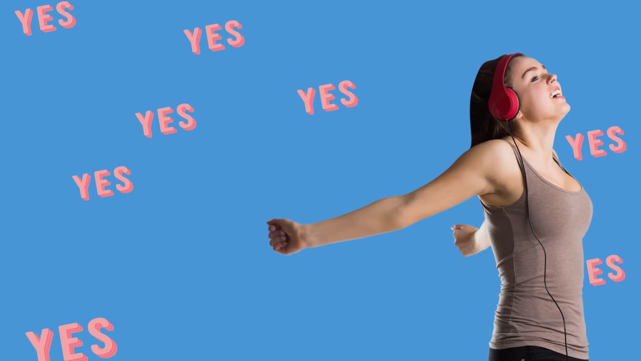 파란색에 있는 여러 개의 예 텍스트에 대한 여학생의 애니메이션