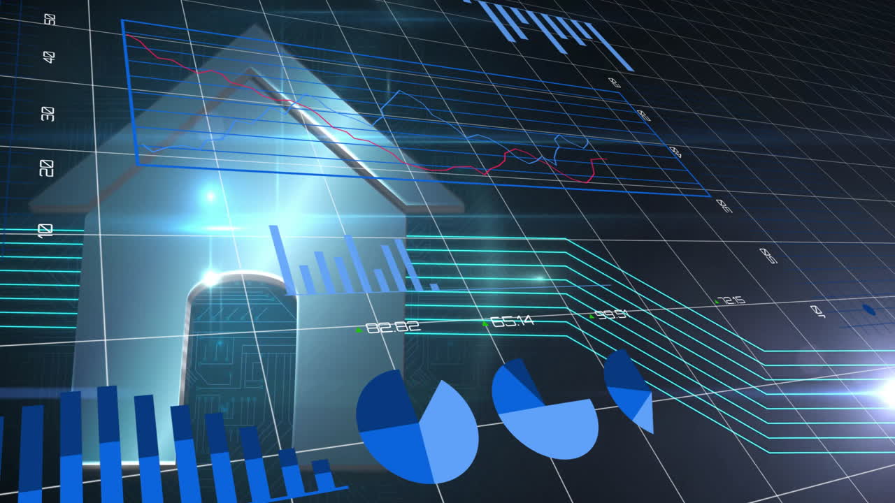 Animation of futuristic digital graphs and charts analyzing financial data
