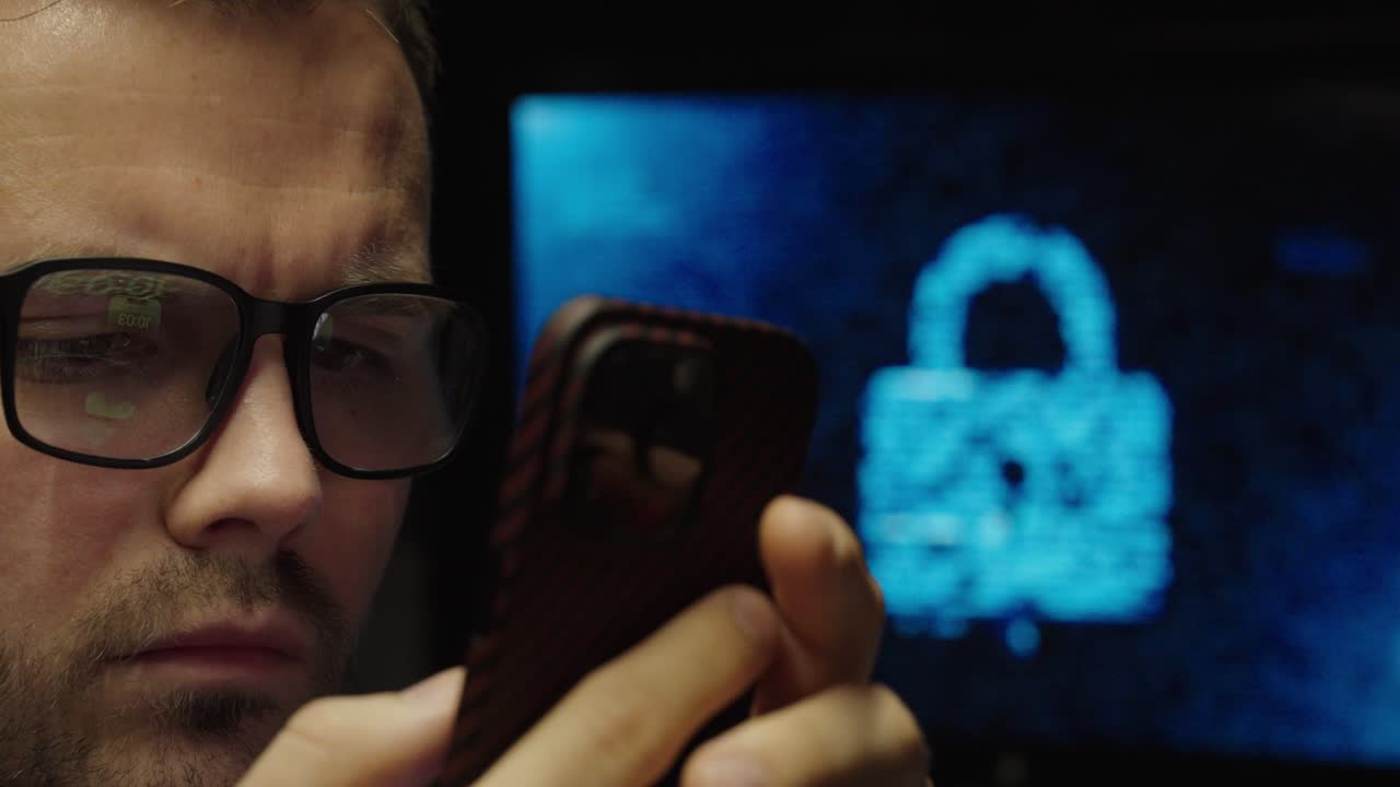 Close-up of a serious man using a smartphone with a digital padlock displayed on a computer screen in the background, symbolizing cybersecurity, data protection, and online privacy