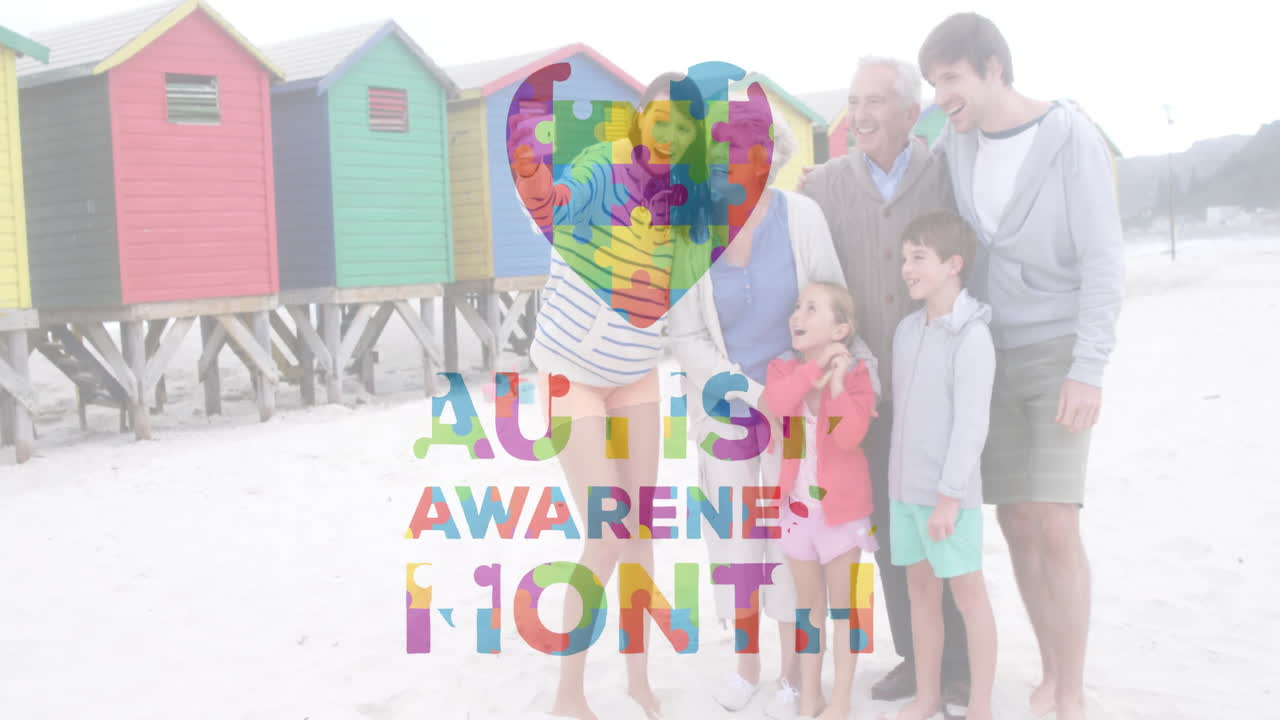 Posing for selfie on beach, family highlighting Autism Awareness Month animation