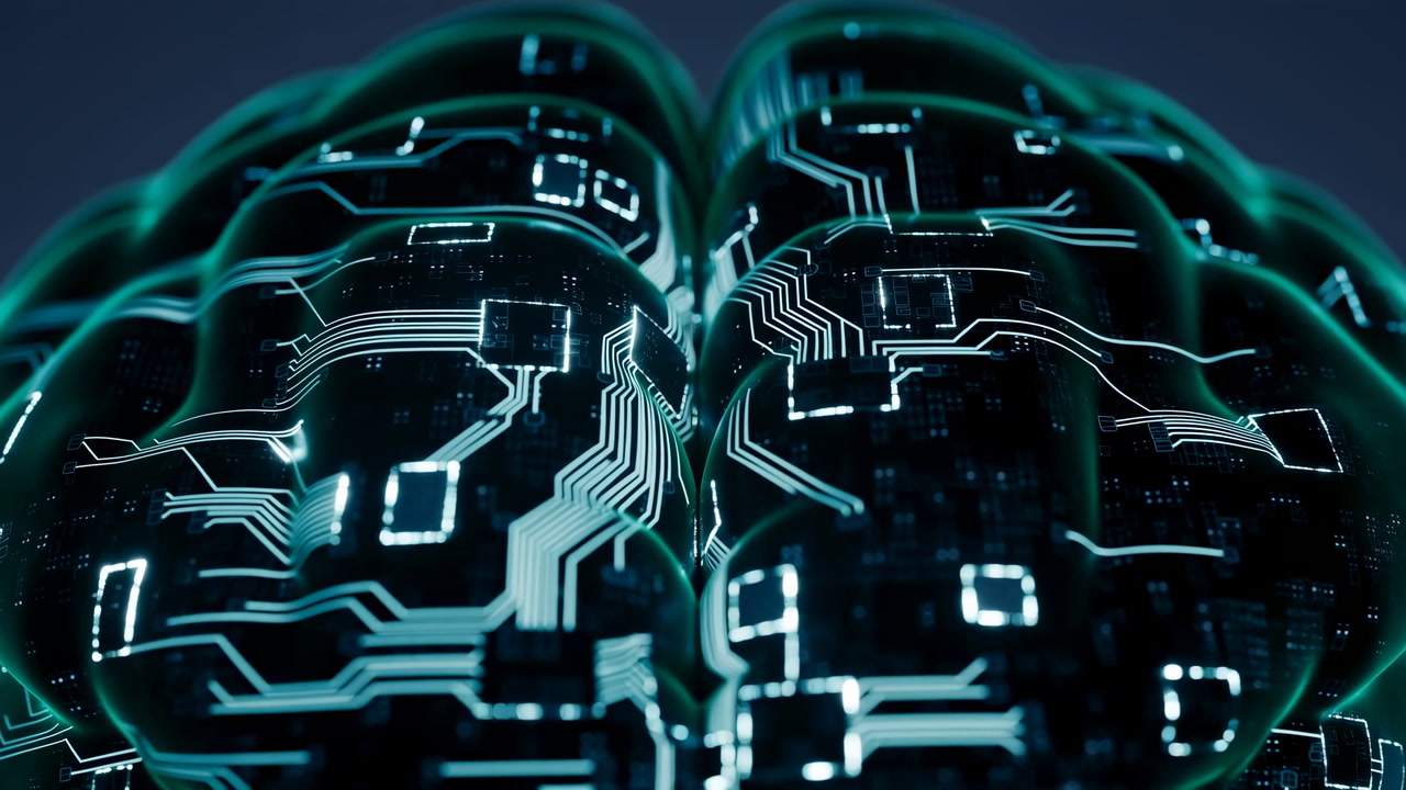 Glowing Circuitry Brain With Reflective Surface, Teallit Cortical Folds Overlaid With Microchip Patterns