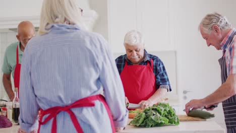 happy group of diverse senior male and female friends preparing food in kitchen, slow motion