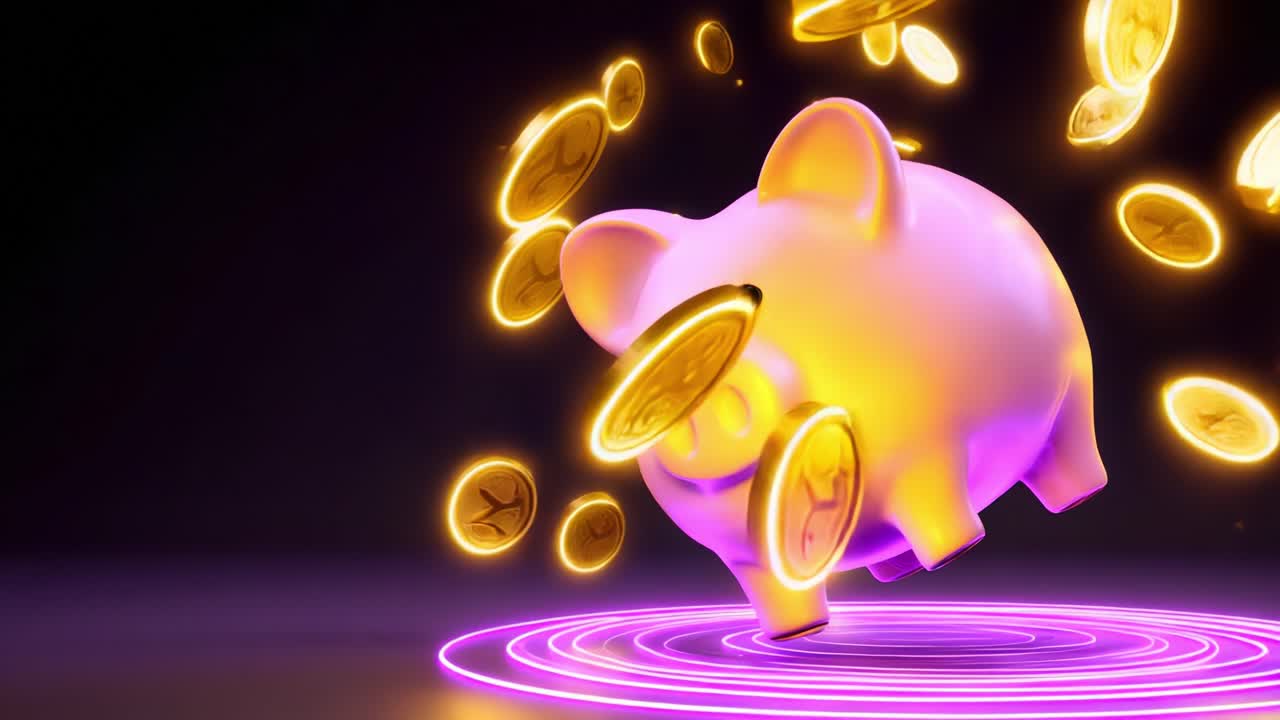 Dynamic and Colorful Representation of a Piggy Bank Surrounded by Spinning Coins, Capturing the Essence of Savings and Financial Growth in a Vibrant 3D Animation Style