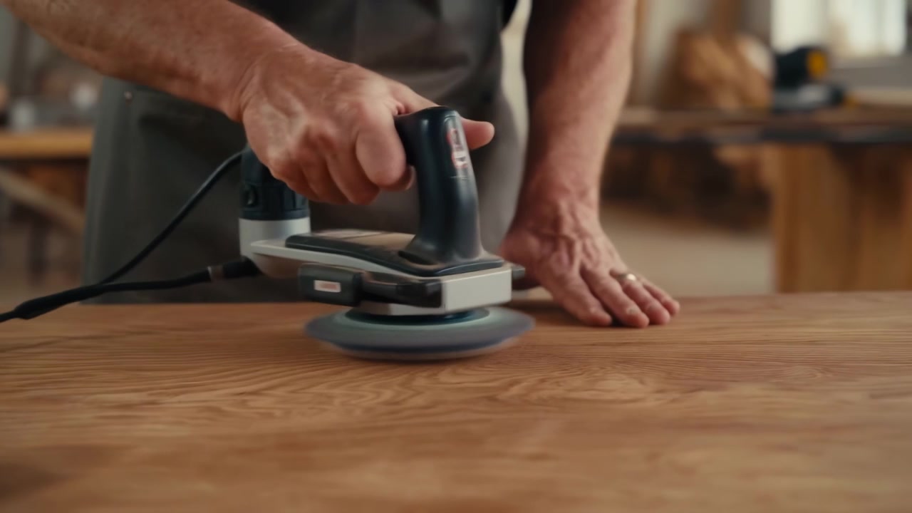 Craftsman Sanding Wooden Table In Workshop, Closeup On Hands Guiding Orbital Sander Over Oak Surface, Fine