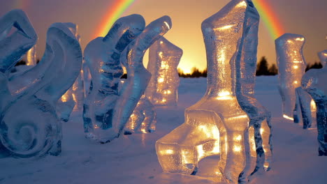 glowing ice sculptures under a sunset rainbow