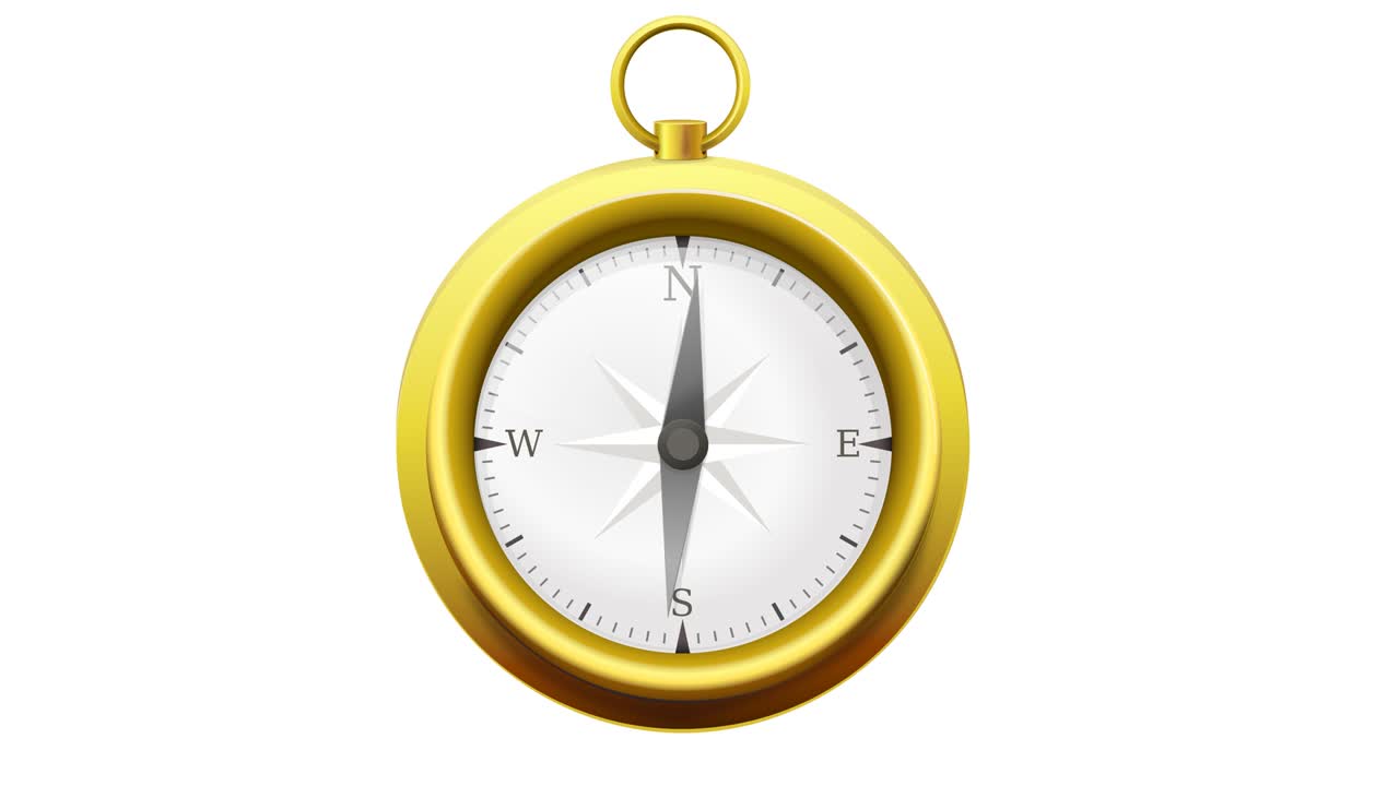 Animation loop of a brass compass pointing north on white background
