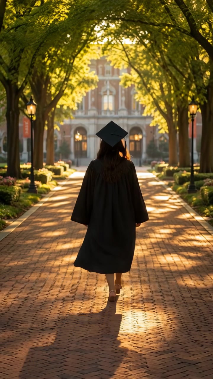 Rear view graduate wearing black gown and mortarboard walking forward along symmetrical tree lined brick path toward blurred classical campus building, with one foot lifted mid step and warm evening