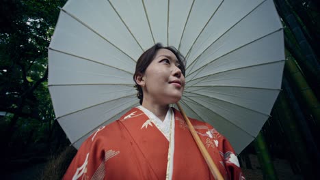 Woman in Kimono with Umbrella in a Bamboo Forest