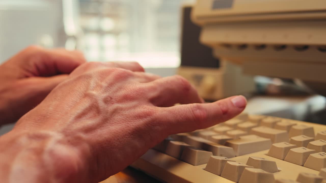 Mand arbejder og gamer på retro computer-pc, IT-ingeniør med vintage computer derhjemme, bruger gammeldags teknologi, nærbillede af retro-opsætning.