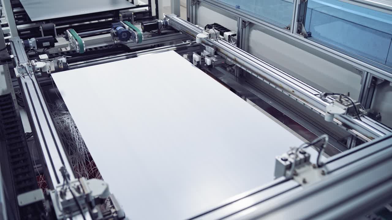 Automated equipment in a modern plant. Innovated technology of making panels indoors. Close-up.