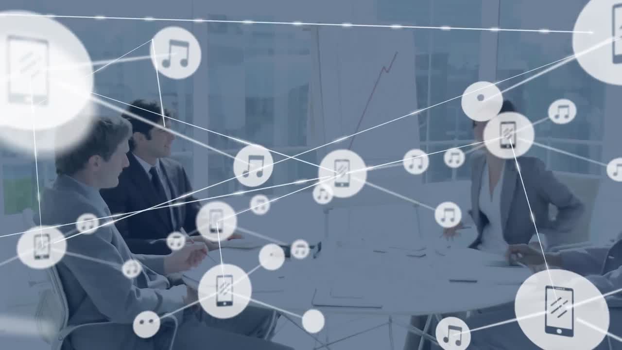 사무실에서 다양한 사업가들과의 아이콘과의 연결 네트워크의 애니메이션