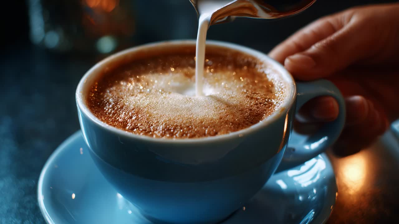 Pouring milk into a cup of coffee