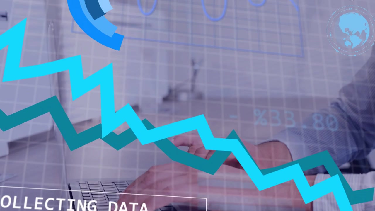 Dataanalytiker som ser etiketten 'INSAMLAR DATA', sedan skriver på en laptop, med animerade diagram och en jordglob för analys