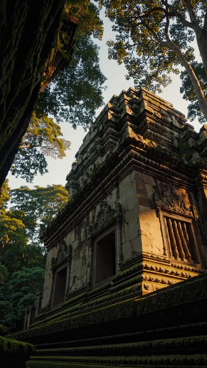 Low-angle video frame of an ancient temple surrounded by lush trees, capturing intricate stone
