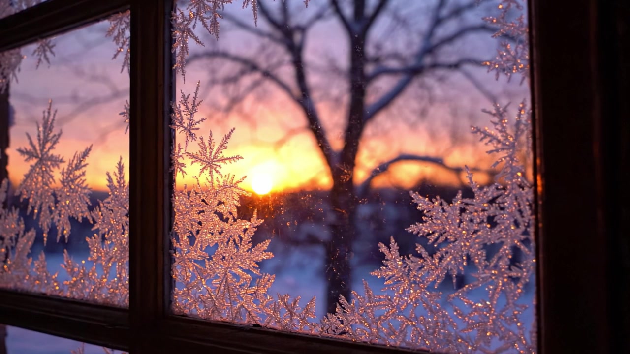 霜の降りた窓から望む息をのむような絶景。複雑な雪の結晶が美しい夕焼けを背景に輝き、冬の景色を暖かな色合いで照らし出す。