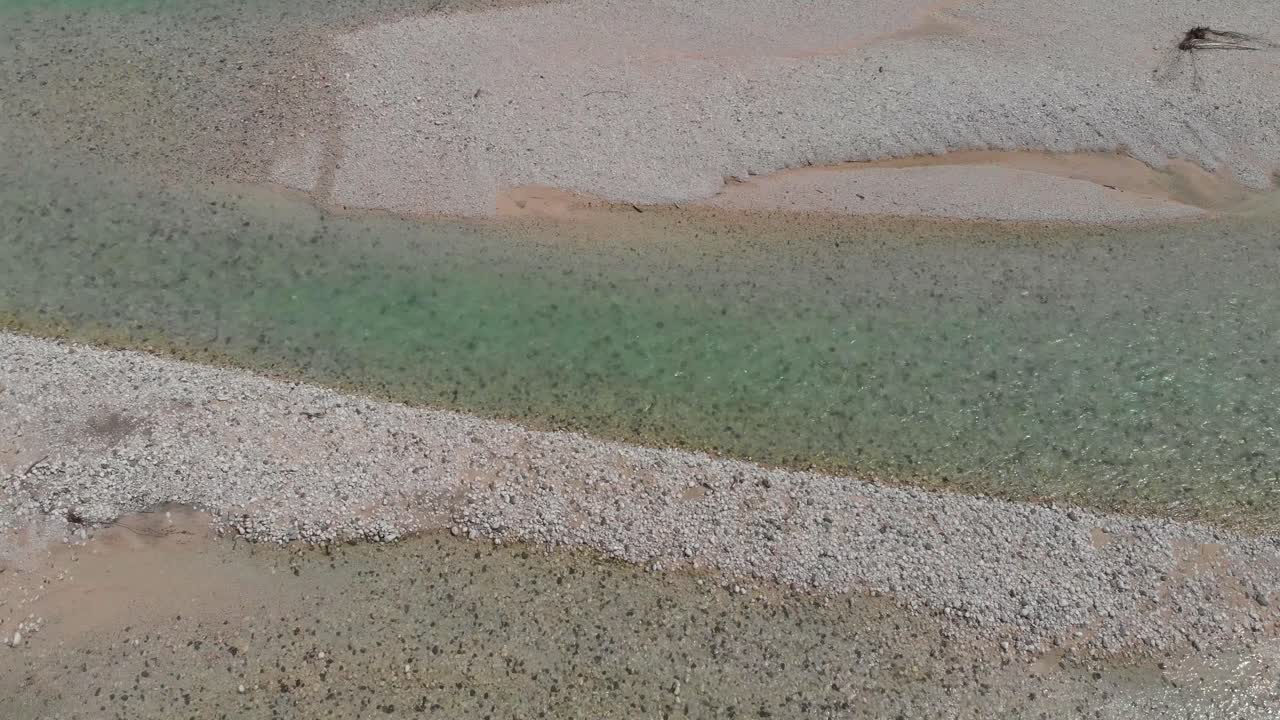 aerial view of fallen tree in river, top down drone flying over clear alpine river