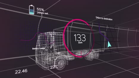 Animation-of-car-panel-over-digital-truck-on-black-background