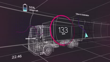 animación del panel del coche sobre el camión digital sobre fondo negro