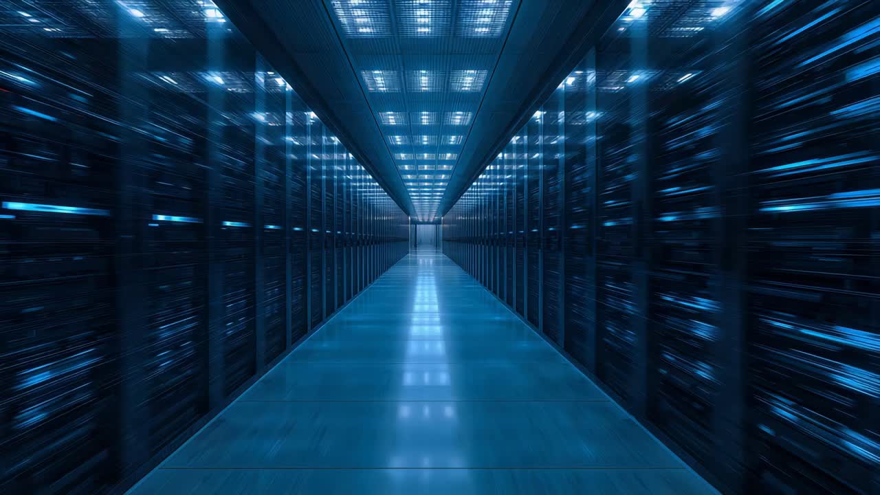 Telecamera in movimento che avanza attraverso il corridoio centrale di un data center, enfatizzando la profondità con LED tremolanti.