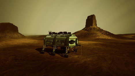 mars habitat module set against rocky landscape under a dusty sky