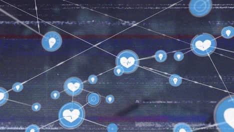 Animation-Des-Statischen-TV-Effekts-über-Ein-Netzwerk-Digitaler-Symbole-Und-Datenverarbeitung-Auf-Blauem-Hintergrund