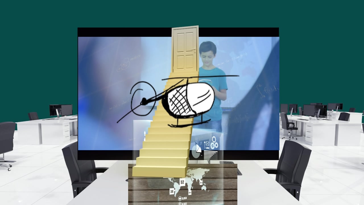 Digital Animation of Helicopter Drawing on Staircase in Virtual Office