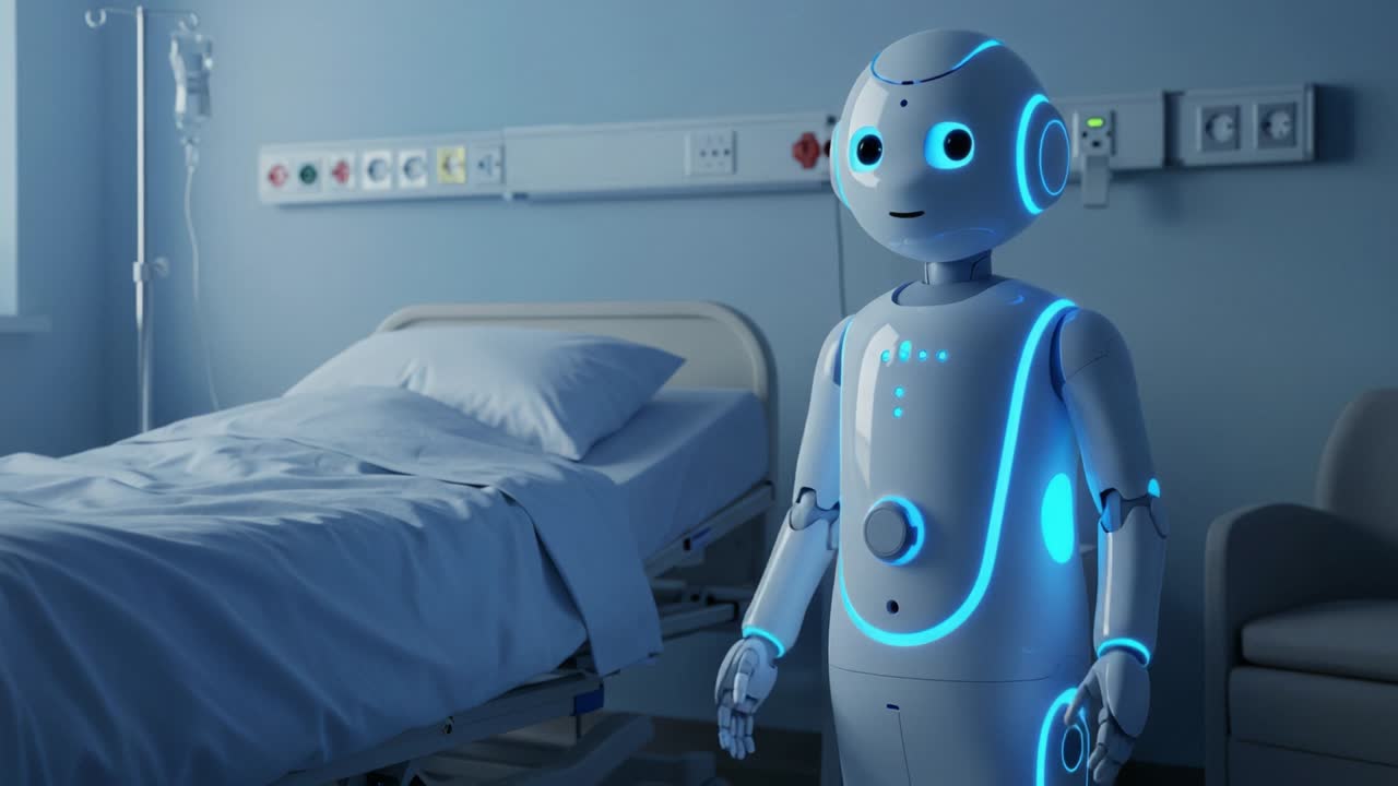 A Friendly Robot Companion Assisting Patients in a Modern Hospital Room, Offering Support and Enhancing Healthcare Experiences for Improved Patient Care