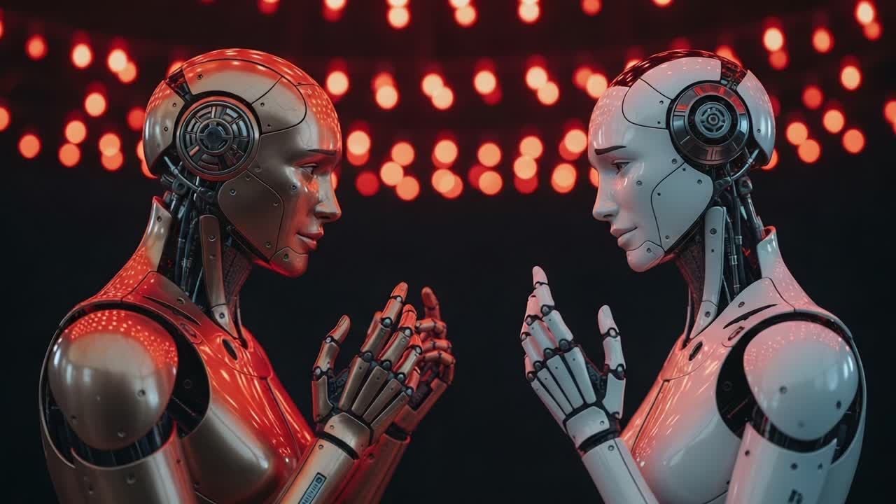 A Captivating Encounter Between Two Advanced Robots in a Dazzling Light Setting, Exploring Connection and Emotion Within Artificial Intelligence