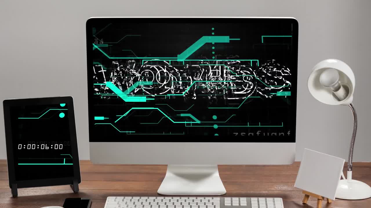 анимация хороших вибраций текста и помех на компьютере.