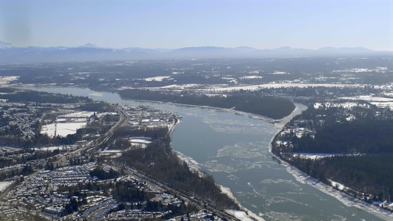 Panoramic View Of Fraser River During Winter In British Columbia, Canada. Aerial Wide Shot
