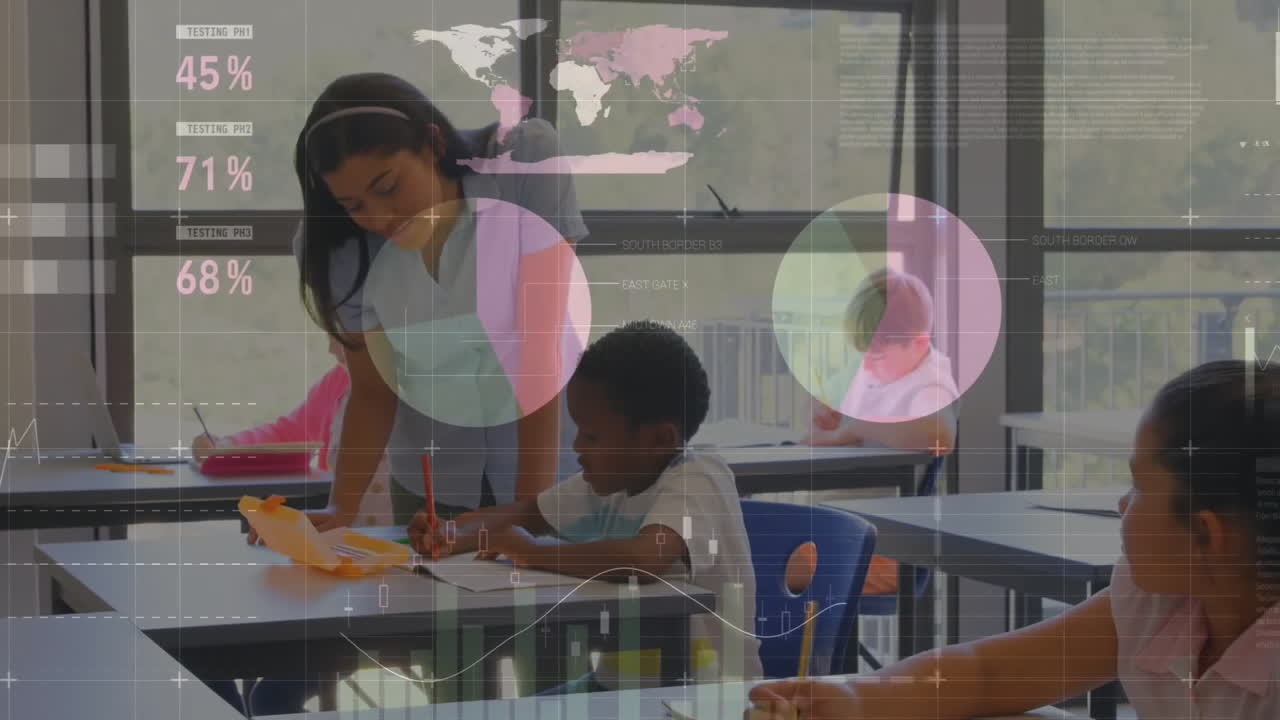 Animazione di grafici che elaborano dati su insegnante donna e scolari di diverse etnie che lavorano in classe
