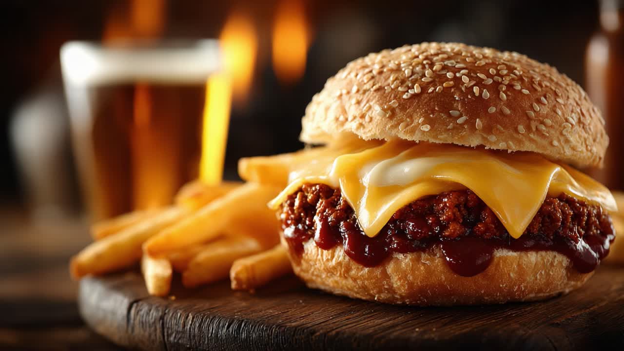 Assapora il sapore irresistibile di un succulento hamburger di pollo al barbecue e formaggio, servito con croccanti patatine fritte e una bevanda rinfrescante in un ambiente rustico