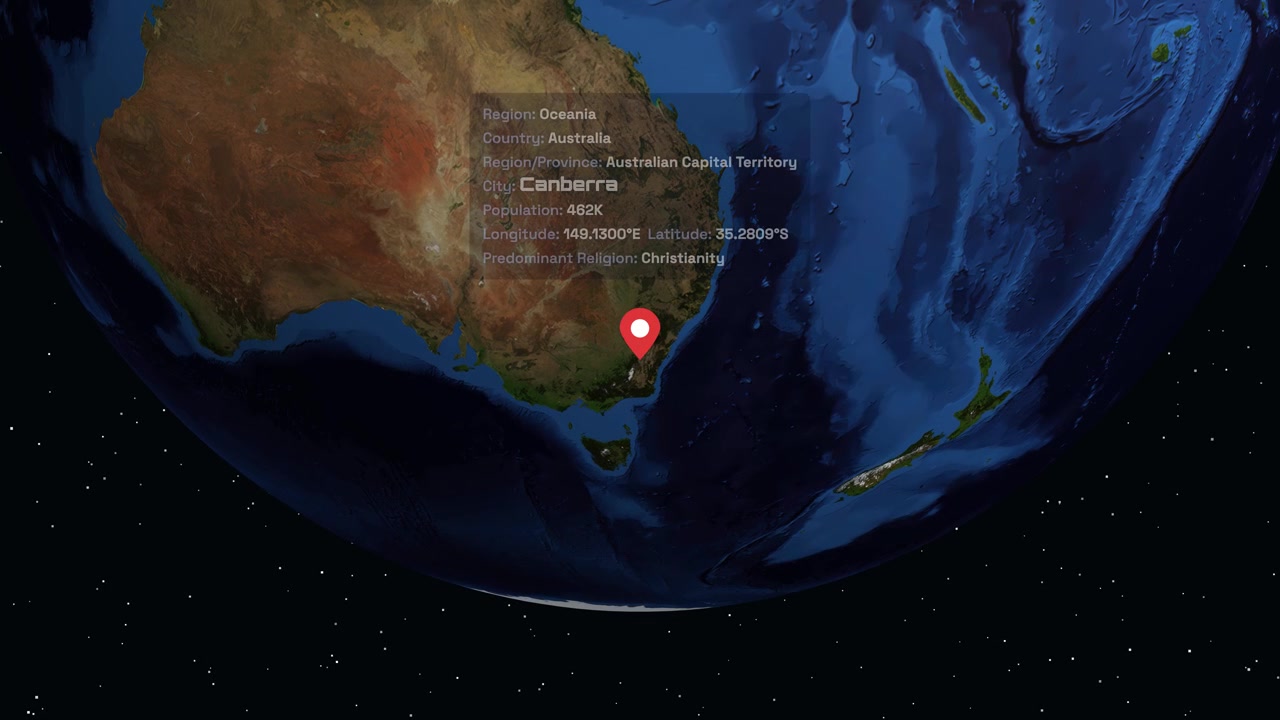 Digital earth rotates and zooms into Canberra, Australia, displaying regional population and religious statistics