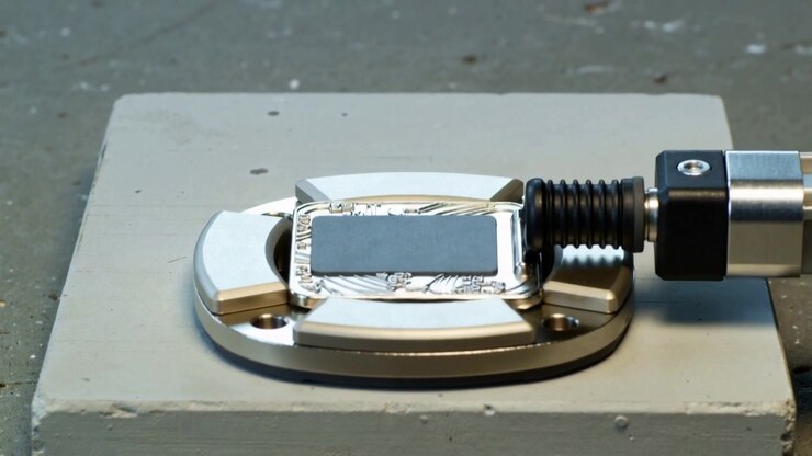 Lowering tool arm approaching from right, seating metal plate onto ring assembly on bench for fit