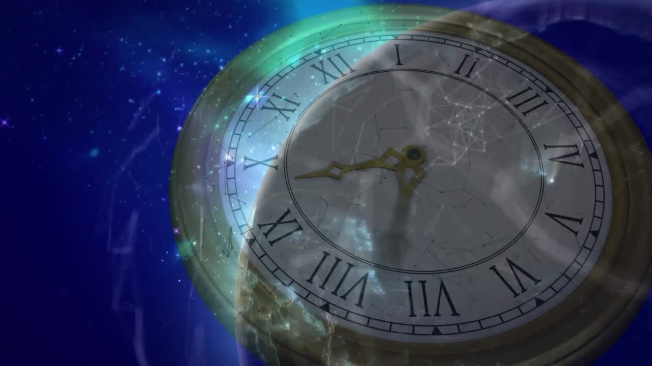 анимация сети соединений по всему земному шару и движущихся часов