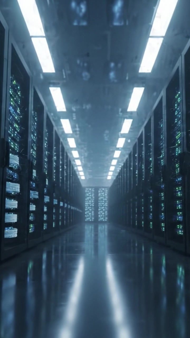 Uno scorcio all'interno di un data center high-tech con file di server illuminati da luci blu e bianche fredde, che enfatizza la moderna infrastruttura delle soluzioni di archiviazione digitale