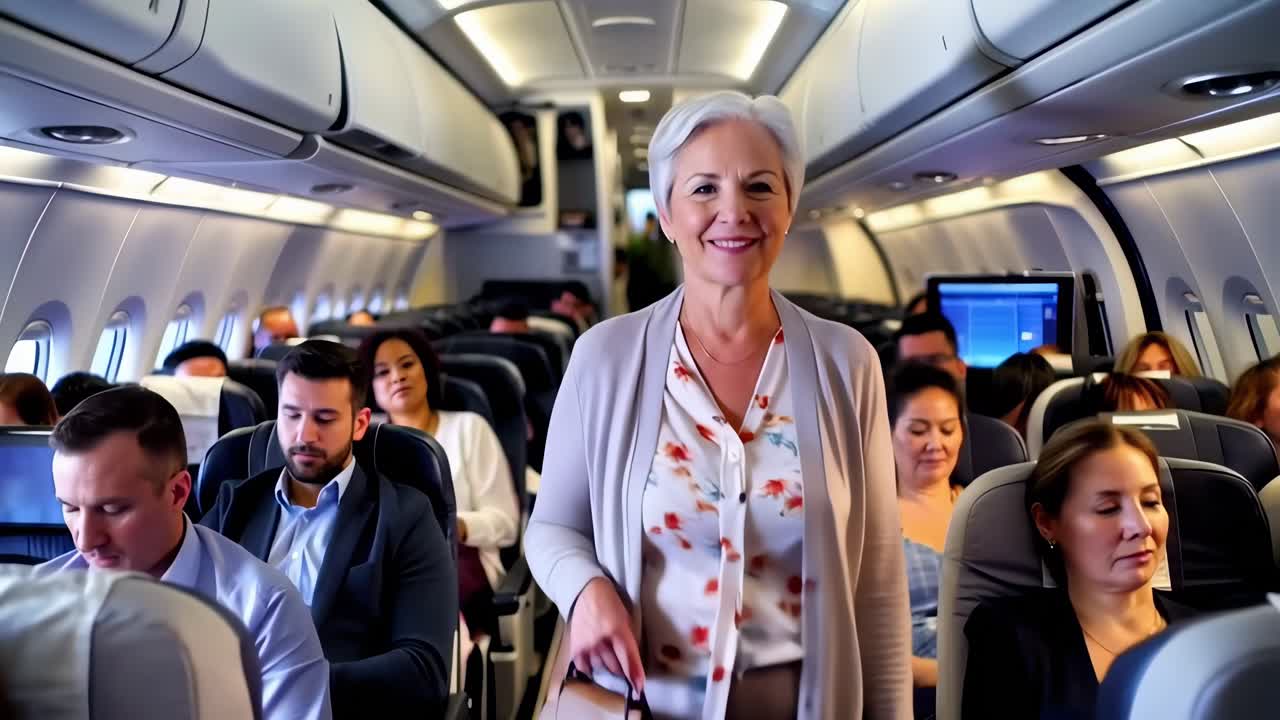 A woman is walking down the aisle of an airplane with a group of people