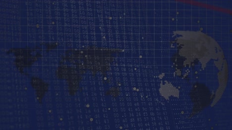Animation-Der-Datenverarbeitung-über-Sich-Drehendem-Globus-Und-Weltkarte-Vor-Blauem-Hintergrund